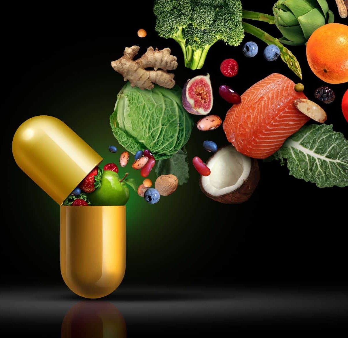 Obst, Gemüse, Bohnen und Lachs fallen in eine Tablette, die sich schließt