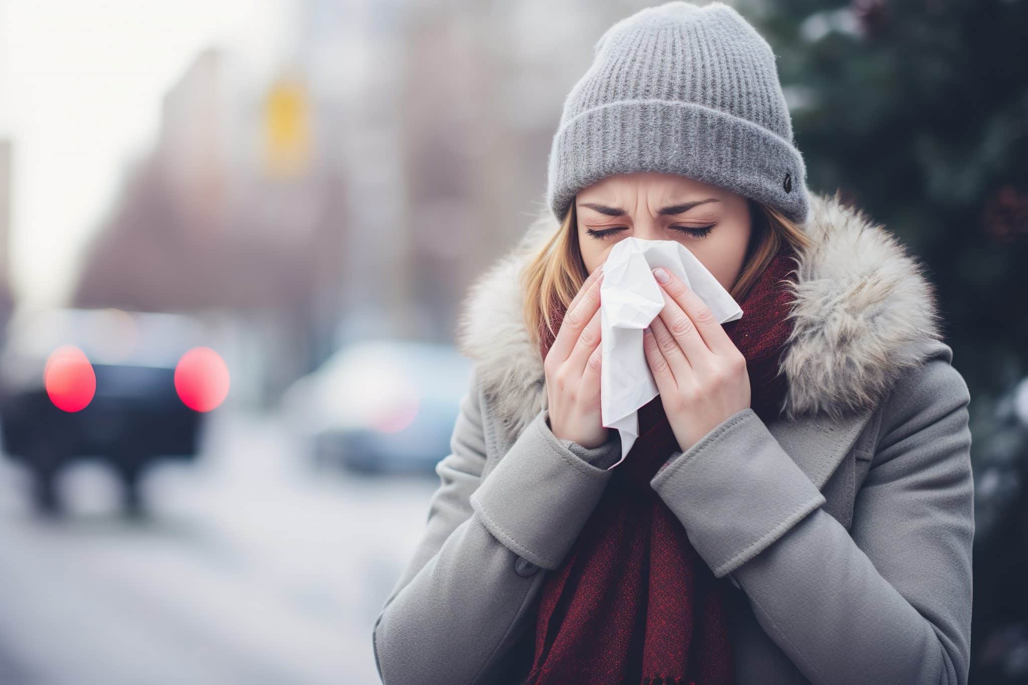 Frau mit einer Erkältung draußen mit Taschentuch im Herbst und Winter. Darstellung von Schnupfen oder einer Grippe im Alltag. Nase putzen bei kaltem Wetter.