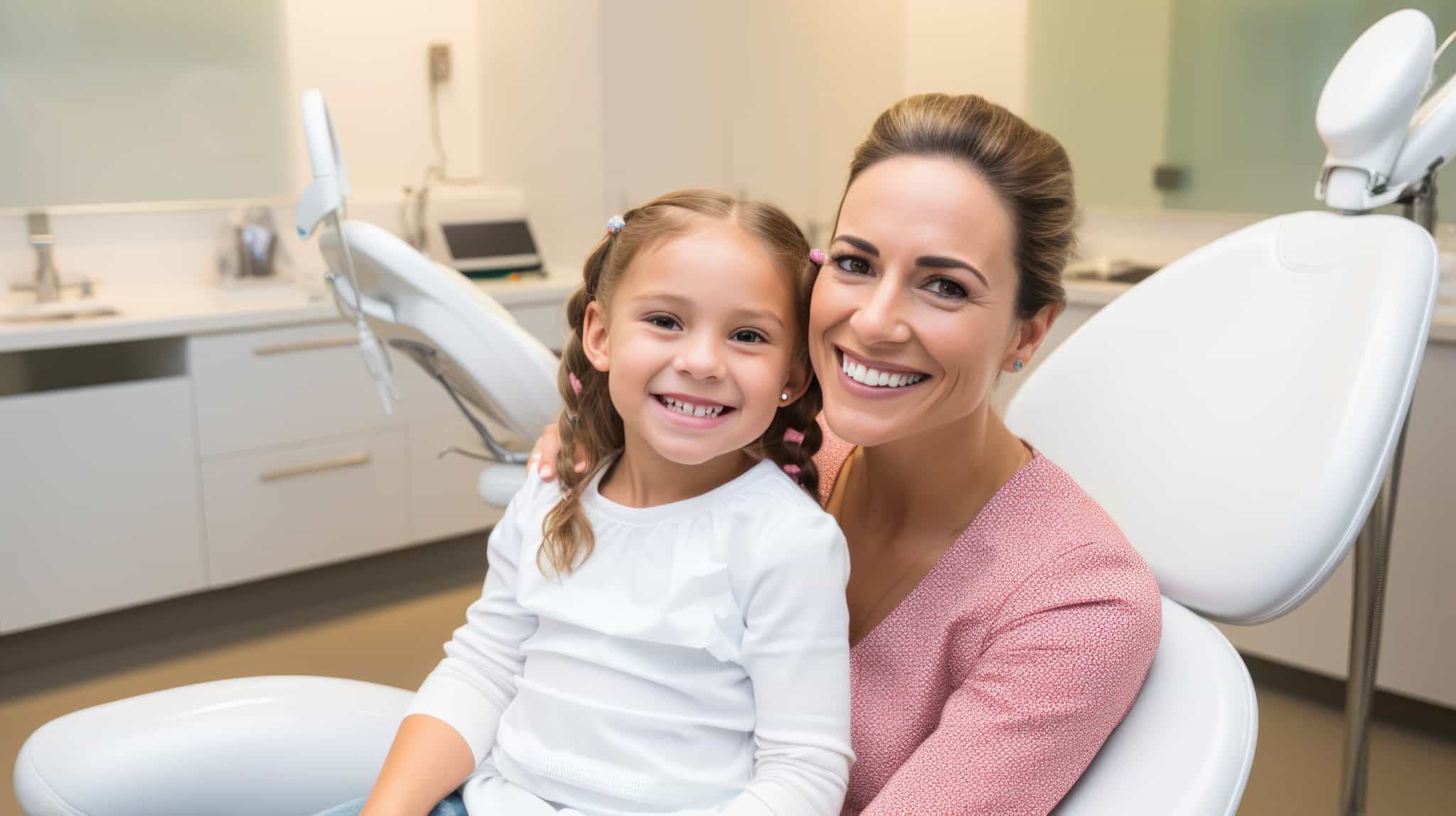 Das Foto zeigt eine Mutter mit ihrer kleinen Tochter lächelnd in der Zahnarztpraxis.