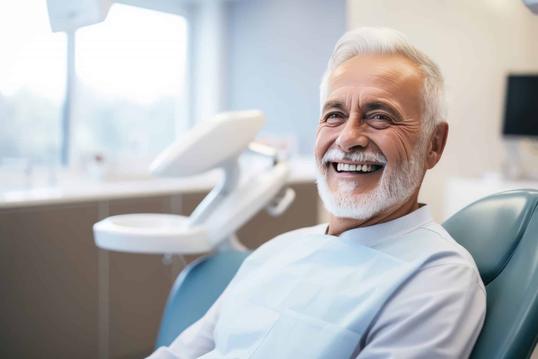 Das Foto zeigt einen älterer Mann mit freundlichem Lächeln und schönen Zähnen in der Zahnarztpraxis bei der Vorsorge.