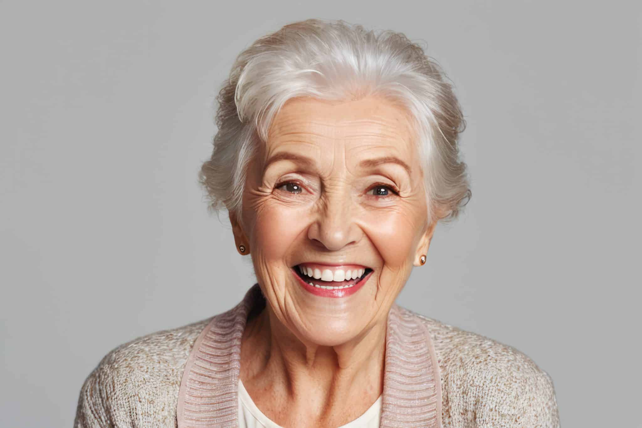 Das Foto zeigt eine ältere Frau mit strahlendem Lächeln und schönen, gepflegten Zähnen vor grauem Hintergrund.