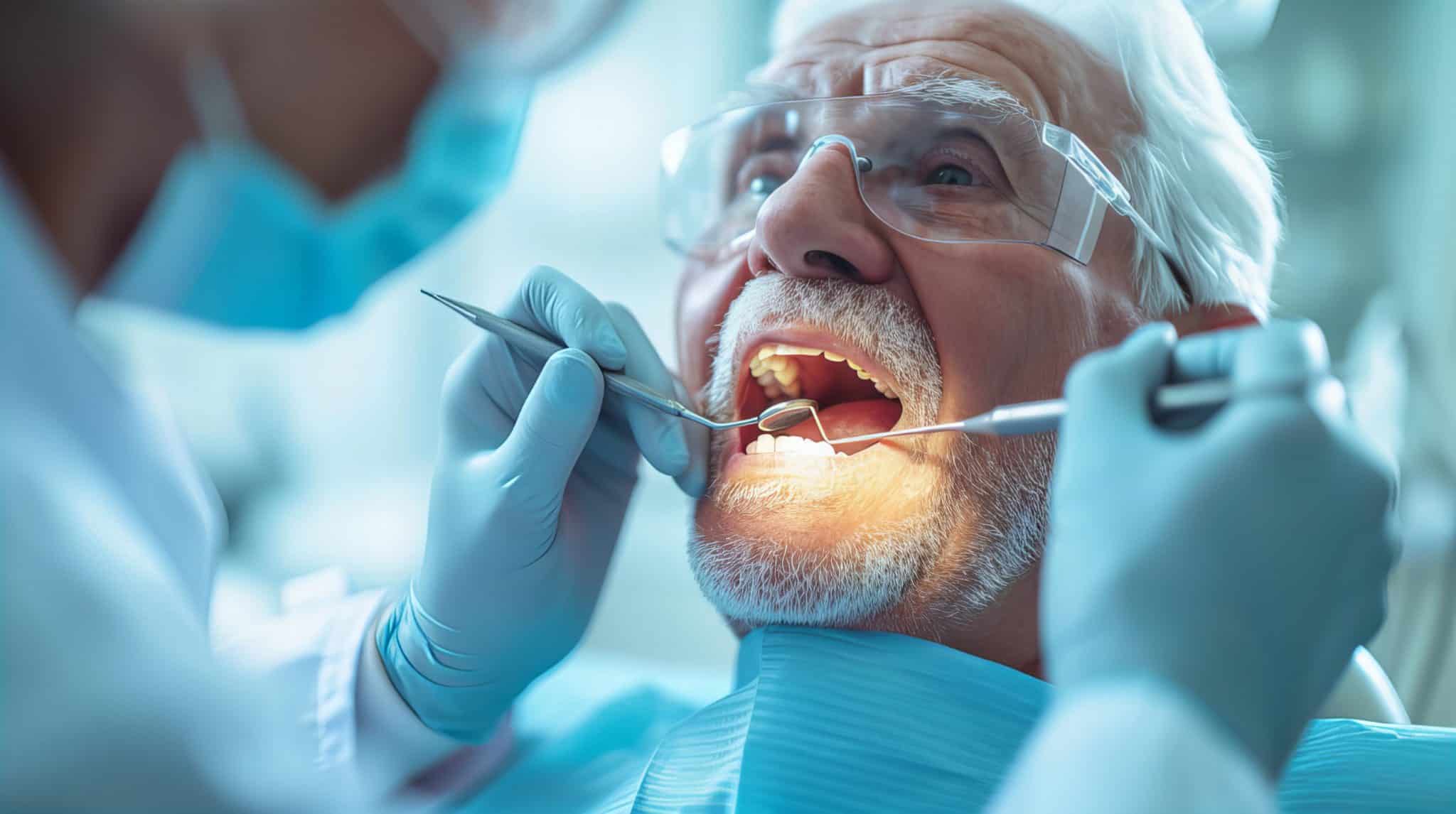 Das Foto zeigt einen älteren Mann in der Zahnarztpraxis bei der Zahnprophylaxe.