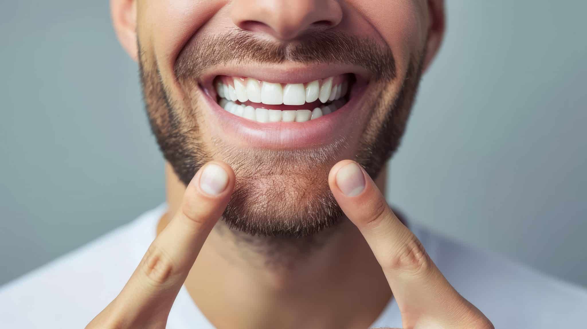 Zu sehen ist vor blauem Hintergrund die untere Gesichtshälfte eines jungen Mannes mit strahlendem Lächeln, weißen Zähnen der auf seine Zahngesundheit zu achten scheint.