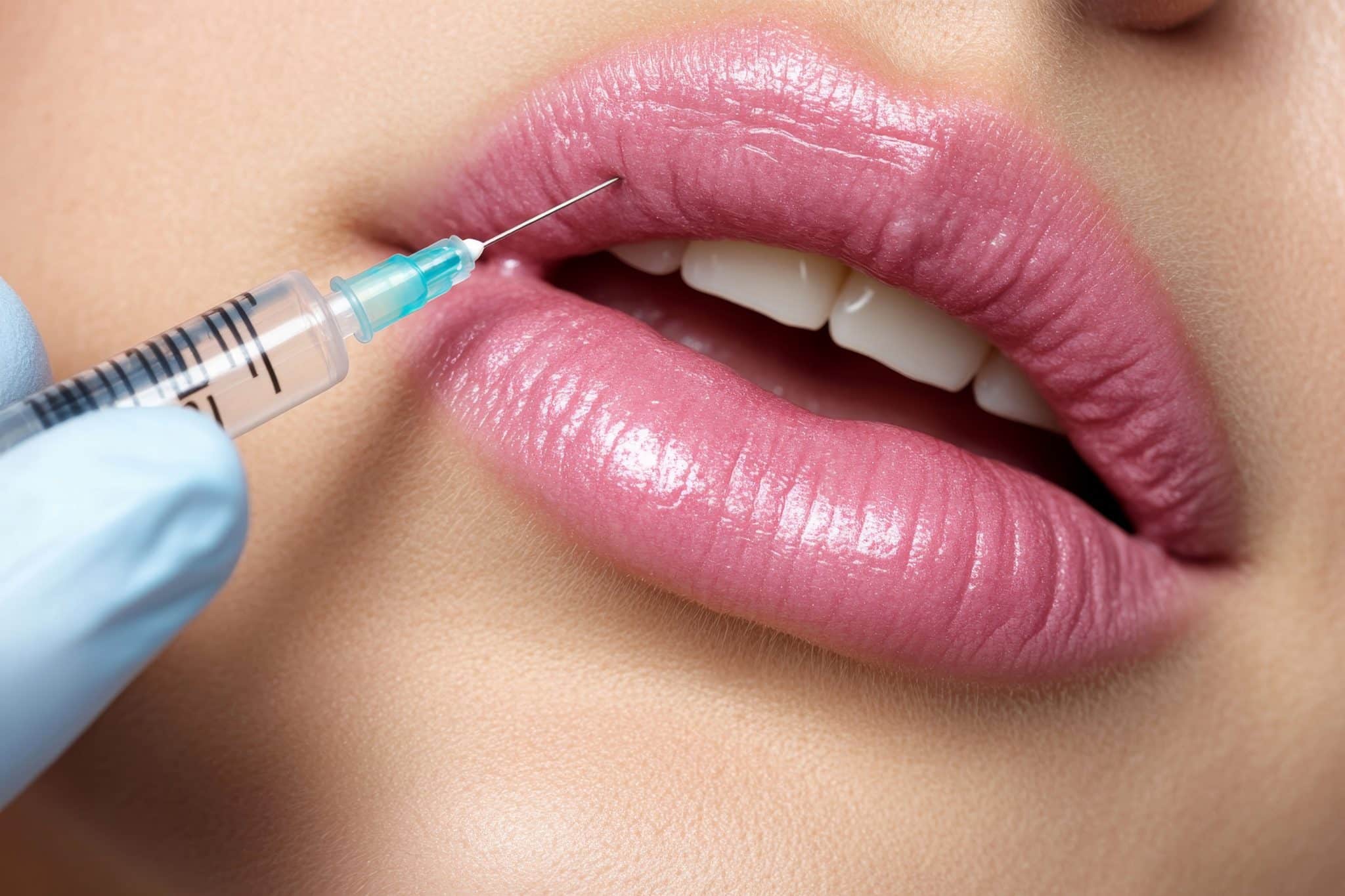 Das Foto zeigt bei einer jungen Frau die Injektion in die Oberlippe zur Lippenkorrektur.