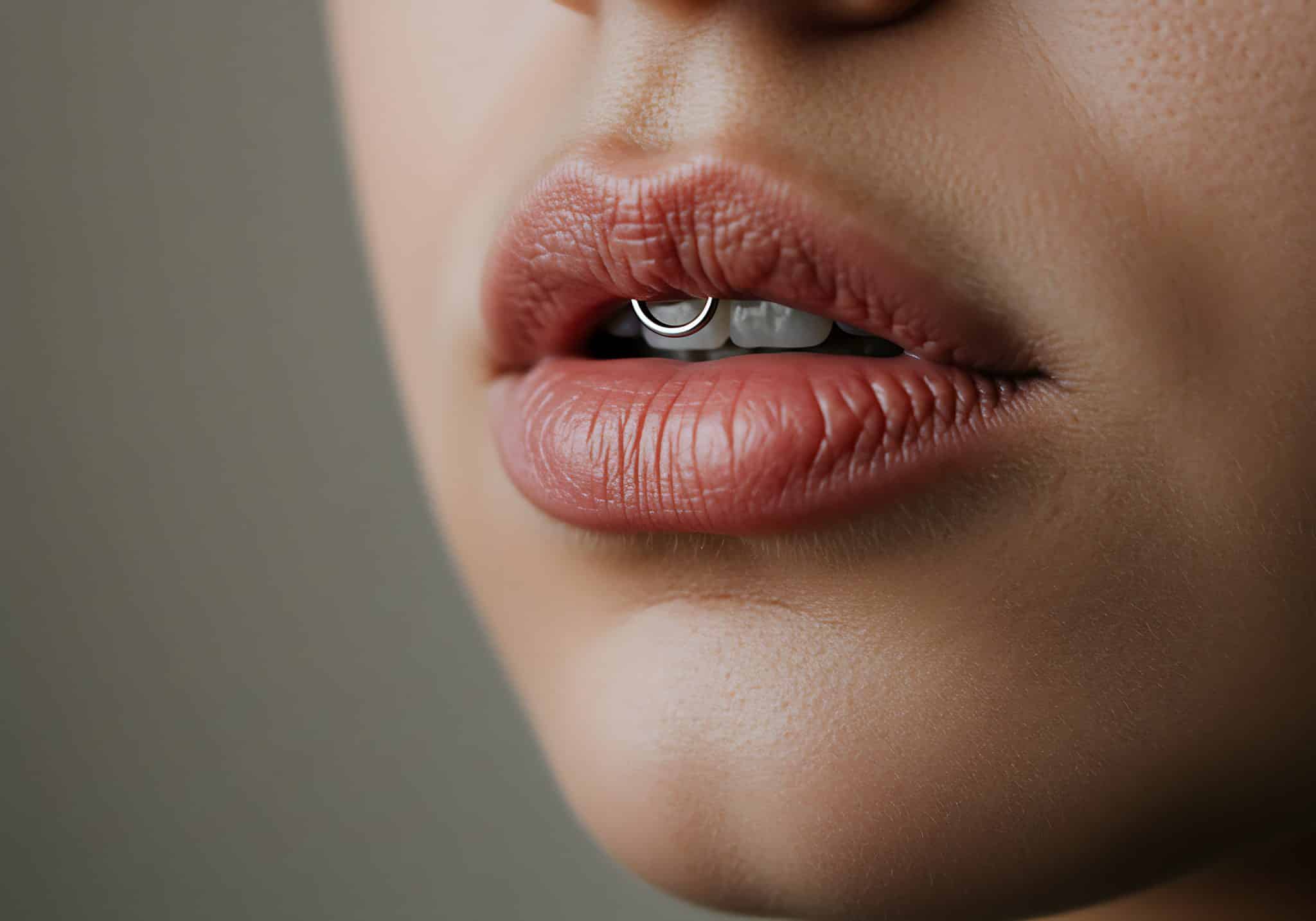Zu sehen ist ein Frauenmund mit Oberlippen vertikal Metallpiercing mit kleinem Ring.