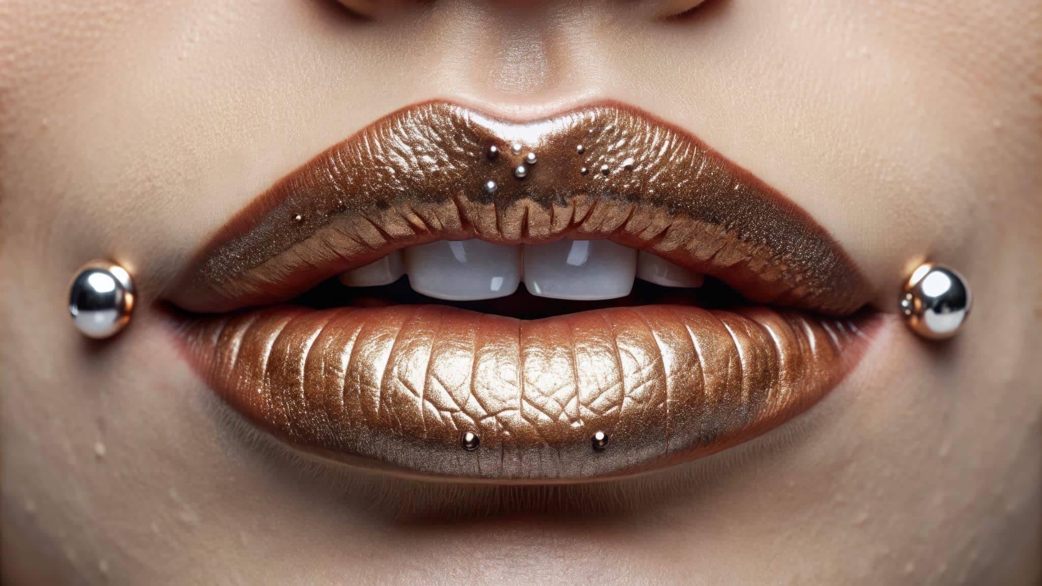 Zu sehen ist die Nahaufnahme eines Frauenmundes mit Metallnieten-Piercing etwas seitlich von den Mundwinkeln und weitere kleine Metallnieten-Piercings in Unter- und Ober-Lippe.